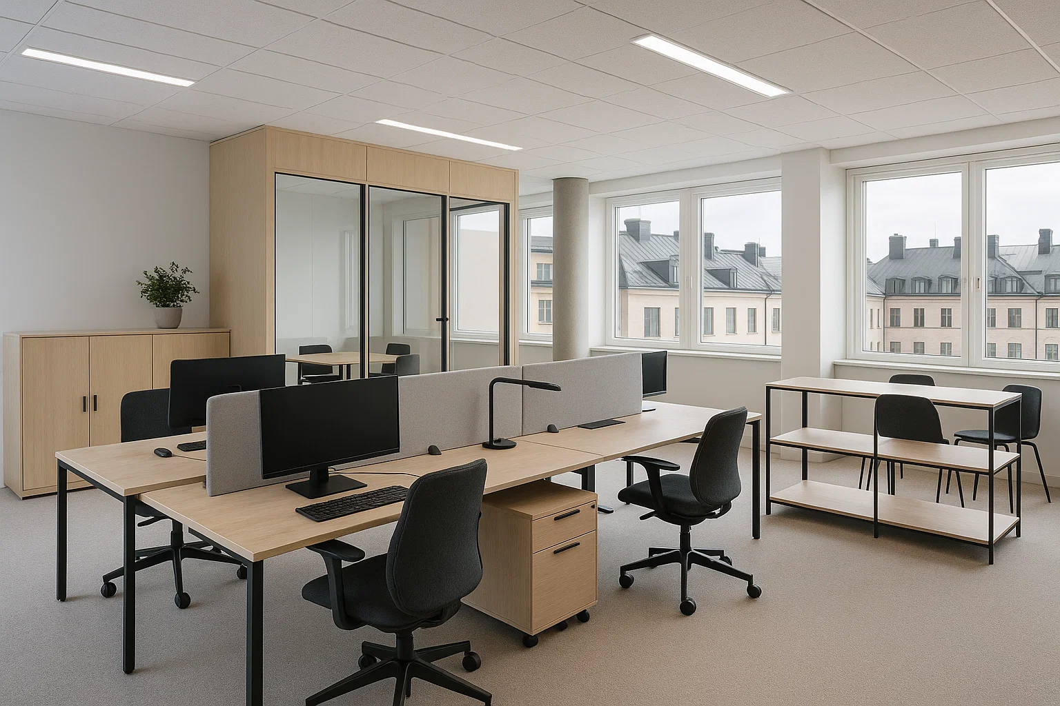 Kostnadseffektivt modernt kontor i Stockholm med minimalistisk design och flexibla arbetsytor.