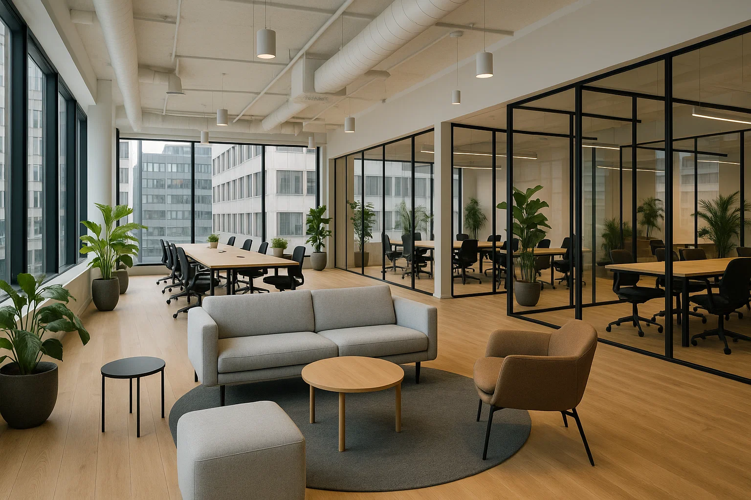 Modernt coworkingkontor i Stockholm med öppna arbetsytor, glasade mötesrum och skandinavisk design.