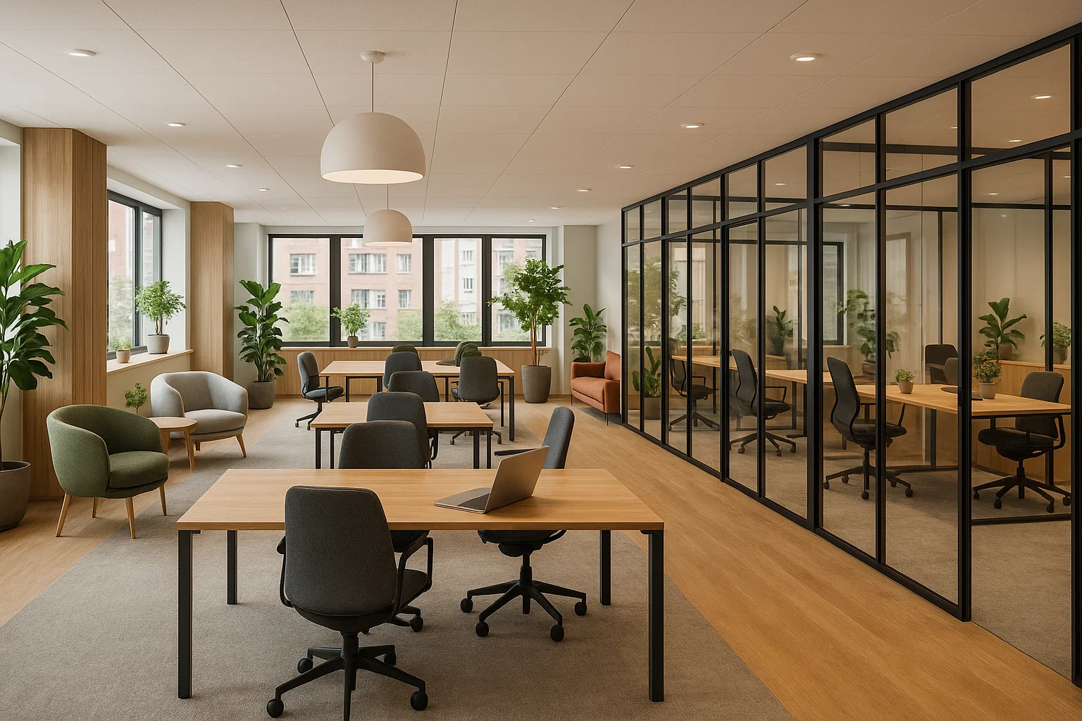 Modernt kontorshotell i Stockholm med öppna arbetsytor, privata glasrum och skandinavisk design.