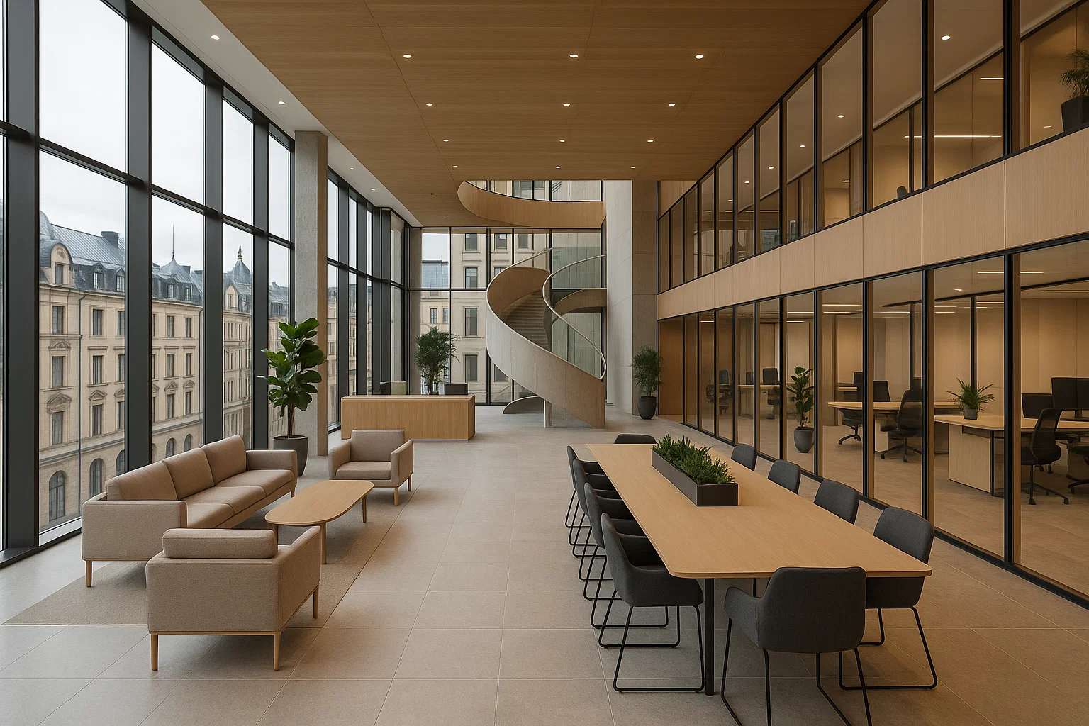 Modernt kontorshotell i centrala Stockholm med glasfasad, öppna arbetsytor och skandinavisk design.