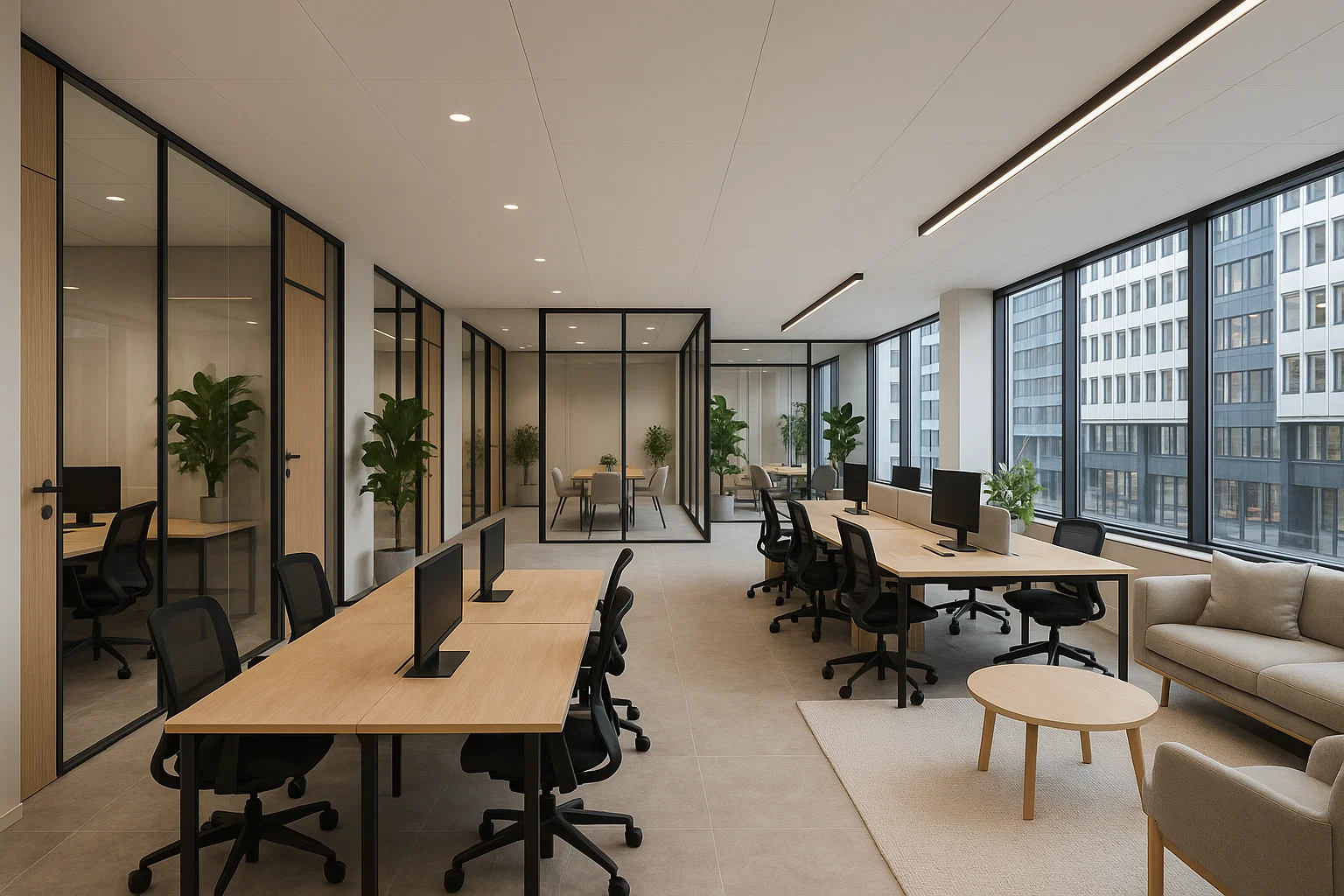 Modernt kontorshotell i centrala Stockholm med öppna arbetsytor, glasväggar och skandinavisk design.