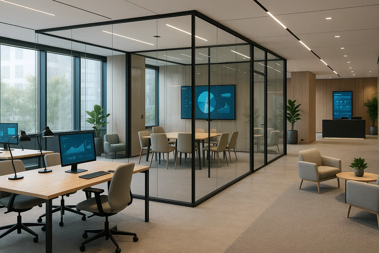 Modernt företagshotell i Stockholm med smart teknik, glasade mötesrum och skandinavisk kontorsdesign.